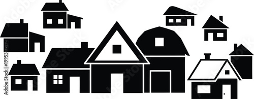 Charming collection of stylized residential homes in a minimalist flat design, ideal for real estate, urban planning, and community-themed projects.