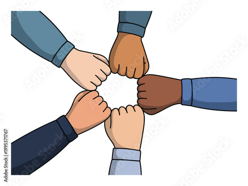 Flat illustration diverse fists bumping together, teamwork unity and cooperation concept for business and community success modern vector artwork