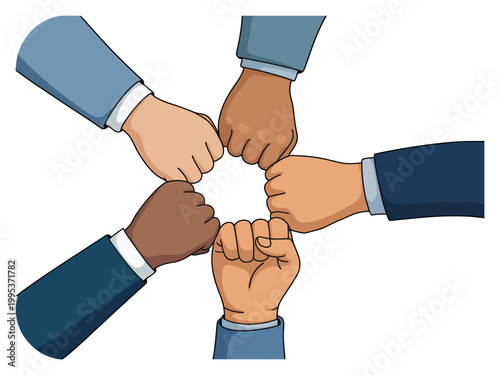 Flat illustration diverse fists bumping together, teamwork unity and cooperation concept for business and community success modern vector artwork