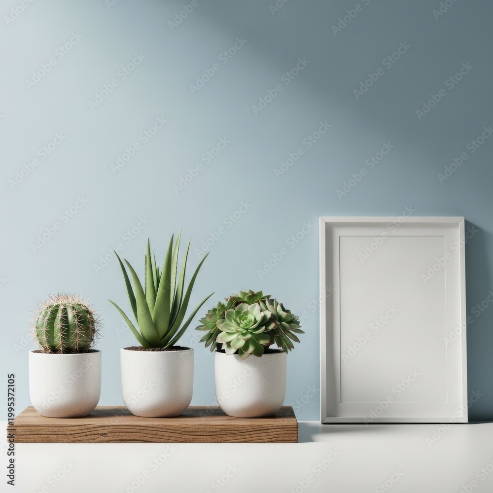 Fototapeta premium Minimalist indoor succulent plants on wooden shelf with empty frame backdrop