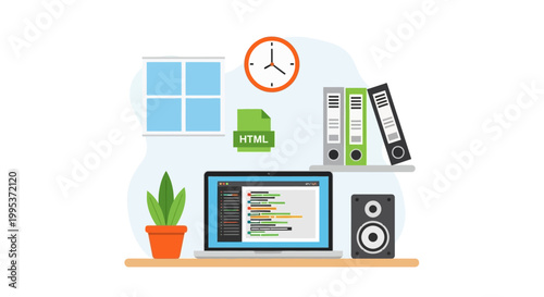 Flat lay illustration of a workspace with a laptop, plant, and office supplies on a wooden shelf against a light blue background.