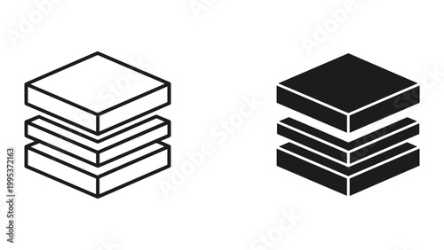 Black and white line art stack of square boxes icon set on white background