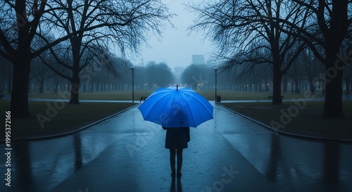 Person with Blue Umbrella Walking on Wet Road in Rain.