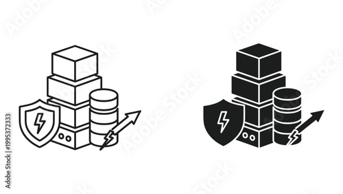 Black and white line icons of server and database with shield and lightning bolt symbolizing security and data protection