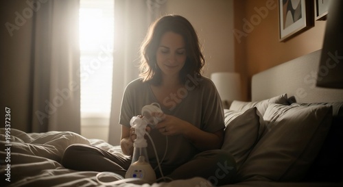 Woman sitting on bed knitting in soft morning light.