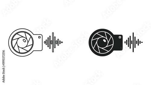 Camera shutter and sound wave icons in black and white on white background