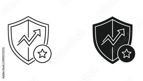 Black and white line icons of shield with star and growing graph