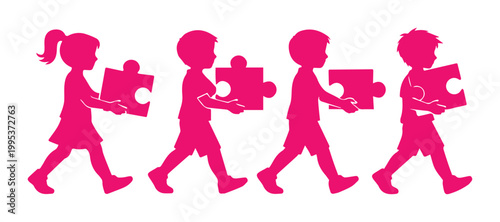 Children carrying puzzle pieces, teamwork and collaboration concept vector. Kids solving problems, education and learning graphic resource, bright pink silhouette illustration.