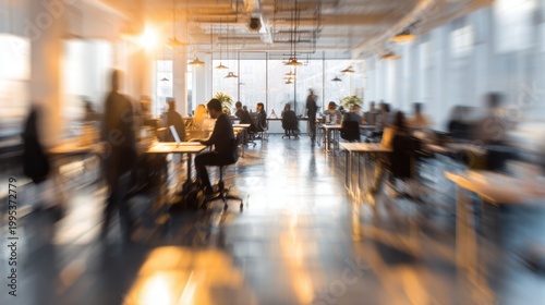 Dynamic Workspace: Blurring the boundaries between movement and productivity, the image captures a vibrant and bustling office environment where employees are engaged in their daily tasks.