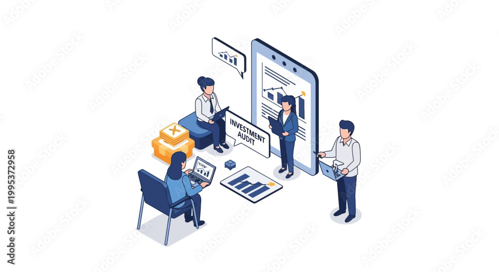 Naklejka premium Isometric illustration of business team working on project management.