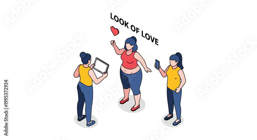 Isometric Illustration of Three People Celebrating Love and Connection.