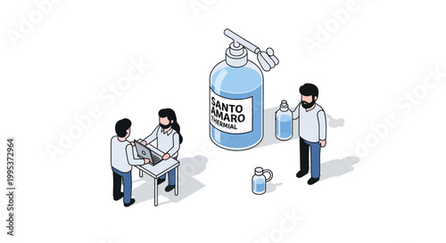Isometric illustration of hand sanitizer bottle and people.