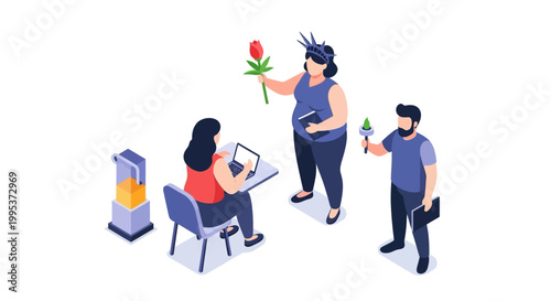 Isometric Illustration of People Interacting with Technology and Nature.