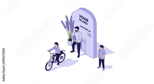 Isometric illustration of people near a building entrance with a sign.