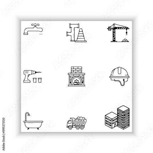 Construction Industry Line Icons Set – Minimal Black Outline Tools and Equipment Collection