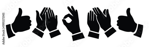 Hand gestures vector icon set, black silhouette hands showing thumbs up, clapping, and OK sign, approval and success concept for web design and UI/UX.