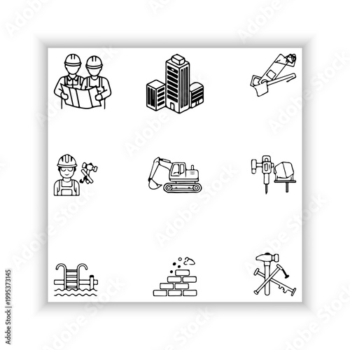 Construction Industry Line Icons Set – Minimal Black Outline Tools and Equipment Collection