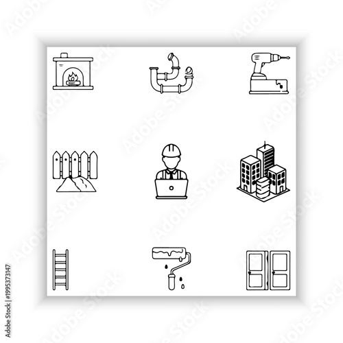 Construction Industry Line Icons Set – Minimal Black Outline Tools and Equipment Collection