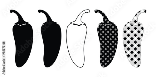 Black and white chili pepper vector set, five distinct jalapeno pepper icons, spicy food graphic elements for menus and branding, hot pepper silhouettes and outlines
