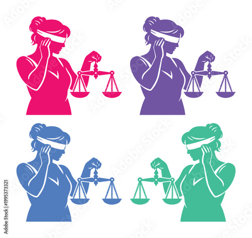Lady Justice vector illustration set, blindfolded female figure holding scales of justice, legal symbol for law and order, attorney and court graphics.