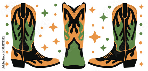 Western cowboy boots flat illustration set, three decorative designs with flame patterns and stars for country fashion style vector artwork