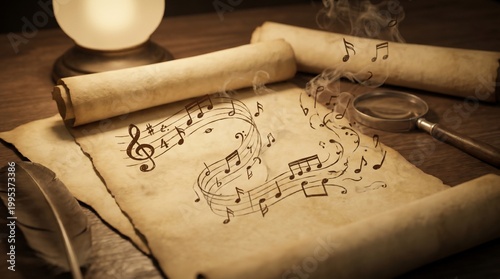 Antique Music Sheet with Quill and Magnifying Glass.