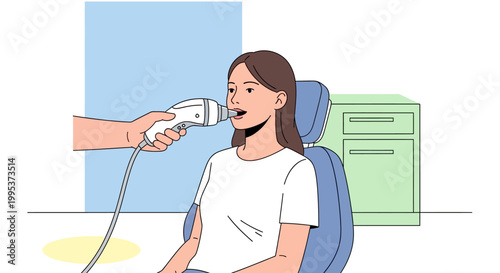 Patient receiving oral scan with handheld dental device in clinic