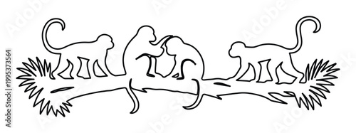 Minimalist monkey line art illustration, four playful primates on a tree branch, simple black and white animal vector graphic, nature-inspired design element for children's books or jungle themes
