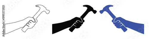 Hand holding hammer vector icon set, construction and repair tool symbol, DIY and craftsmanship graphic element, isolated on white for web and print design