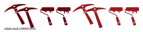 Construction and Renovation Tools Vector Set. Red Pickaxes and Paint Rollers with Dripping Paint, a Graphic Resource for Home Improvement and Building Projects