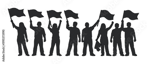Protest silhouette of people holding flags, group of activists demonstrating with banners, crowd of protesters in a row, black vector illustration