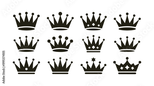 Minimal crown icons featuring various pointed tips and circle details for simple logo design.