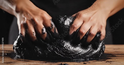 Hands kneading black dough on a wooden surface, with a blurred background of a kitchen setting