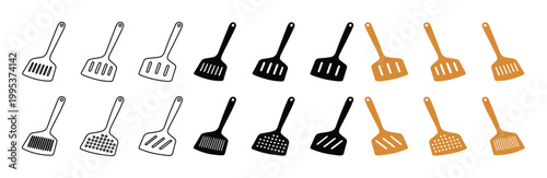 Kitchen spatula icon set, 18 cooking turner vector elements. Minimalist flipper symbols for culinary apps. Black, white, and orange kitchenware graphics.