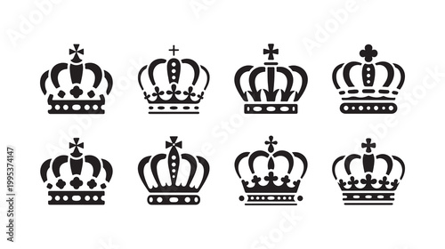 Set of eight black crown icons royal queen and king heraldic symbols isolated on white.