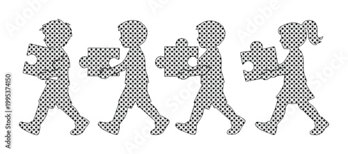 Minimalist children silhouettes carrying puzzle pieces, group of kids with jigsaw elements vector, collaborative teamwork and early childhood education concept