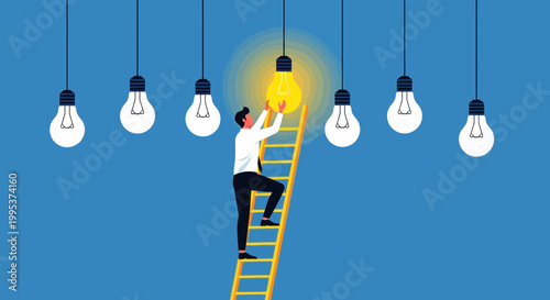 Man on a yellow ladder reaching for a glowing light bulb among several hanging bulbs against a blue background