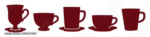 Minimalist coffee cup silhouettes, set of 5 dark red mug icons, elegant tea cup and saucer vector illustrations for cafe menu design