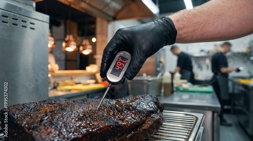 Male chef hand checking smoked meat temperature using digital thermometer showing 49°C, food safety concept