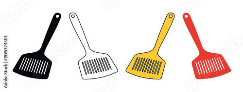 Cat litter scoop vector icons set, colorful plastic pet waste shovels, cleaning equipment for domestic animal hygiene and sanitation