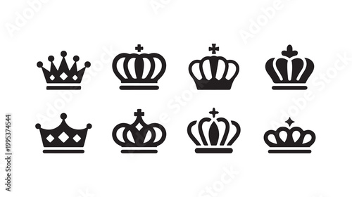 Elegant crown silhouettes set black vector icons for luxury fashion and royal brand design.