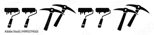 Industrial work tools vector set, black silhouette paint rollers and pickaxes, construction and mining equipment icons for hardware store branding