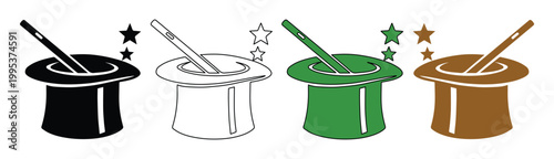 Magic hat and wand vector icons, magician top hat with sparkling stars in black green and brown, circus performance and illusionist equipment set