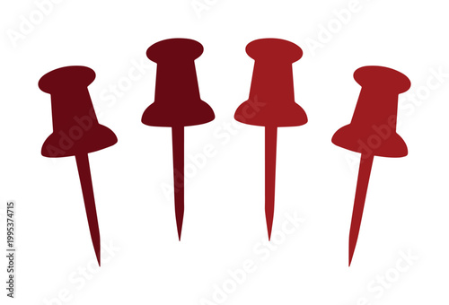 Four red push pins, a set of office and stationery supplies, essential tools for organization and visual communication, vector illustration for maps and bulletin boards.