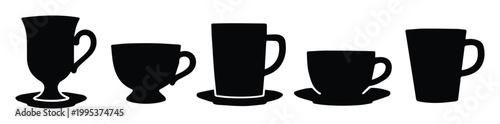 Minimalist black coffee cups and tea mugs vector set, diverse drinkware silhouettes for cafe menus, beverage branding, and kitchen decor