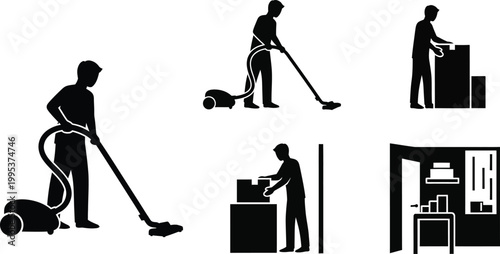 household chores and office work flat design vector illustration set