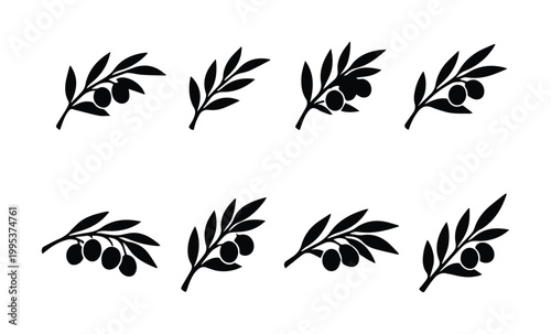 Minimalist olive branch silhouettes, set of 8 black botanical vector icons, organic olive oil leaf illustrations for logo design and packaging