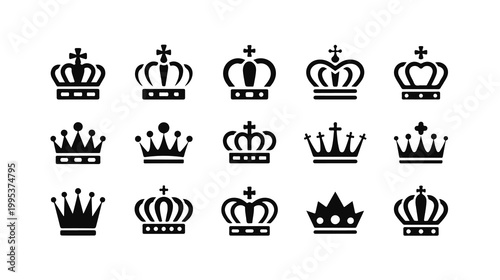 Modern black crowns collection in flat style symbolizing authority and royal status.