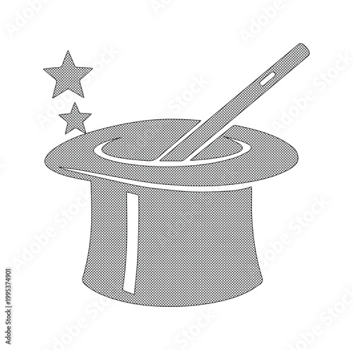 Magic hat and wand vector icon, gray magician top hat with stars, mystical performance and circus entertainment symbol for graphic design
