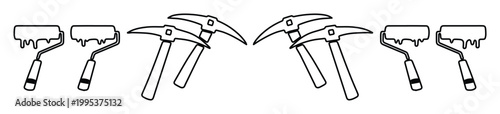 Minimalist construction tool icons, black and white paint roller and pickaxe vector set, industrial hardware equipment illustrations for DIY projects
